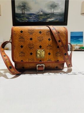 MCM Cognac Visetos Logo Messenger Bag with Gold Hardware
